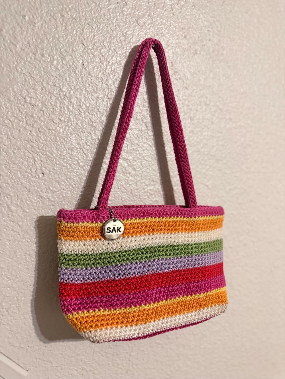 The Sak Small Handbag Knit Crochet Striped Fully Lined Purse Zipper Closure